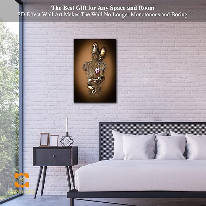 HIPOCAPO 3D Metal Effect Wall Art - Love Heart Canvas Art, Gold Decor for Modern Living Room, Framed Romantic Couple Room 12''x18''x1Pcs 3d Art-22