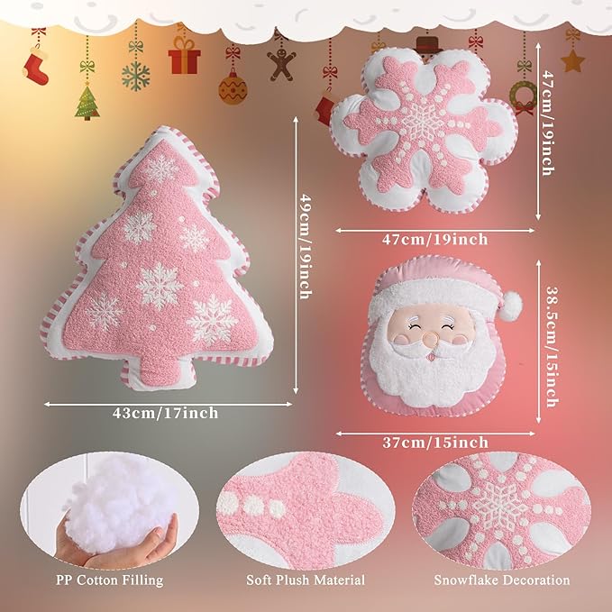 Lanpn Christmas Throw Pillows Set of 3, Christmas Decoration Winter Throw Pillows Snowflake Santa Claus Xmas Tree Cuhsion for Sofa Living Room Bedroom Xmas Decor (Pink)