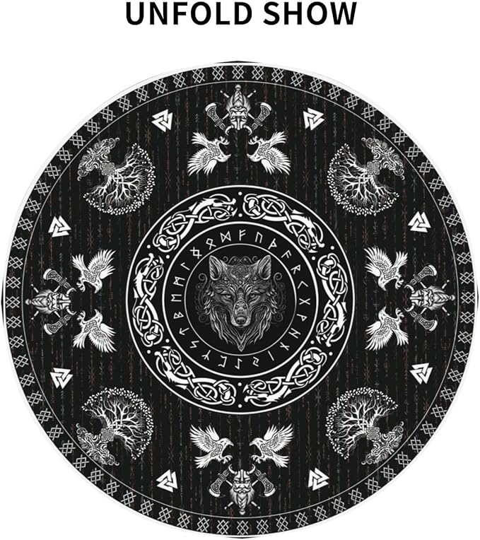 Norse Viking Tablecloth, Nordic Mythology Tree of Life Crow Ancient Mythical Viking Wolf Print Water Resisitant Table Cover for Dining Kitchen Living Room Home Party Holiday Decor 60 inch Round