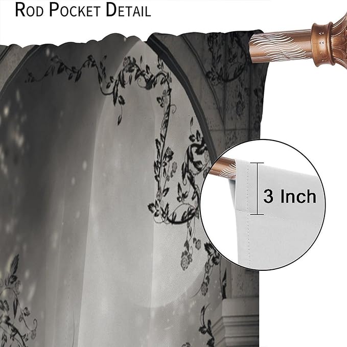 Gothic Moon Blackout Curtains, Vintage Mid Century Gothic Castle Watercolor Rustic Old Architecture Window Drapes, for Living Room Bedroom 26(W)*84(L) 2 Panels