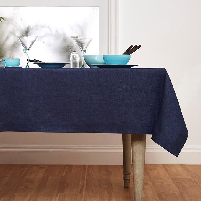 Solino Home Linen Tablecloth 60 x 120 Inch - 100% Pure Linen Chambray Navy Table Cloth for Rectangular Tables - Athena, Machine Washable Cloth Tablecloth for Fall, Thanksgiving, Christmas, Winter