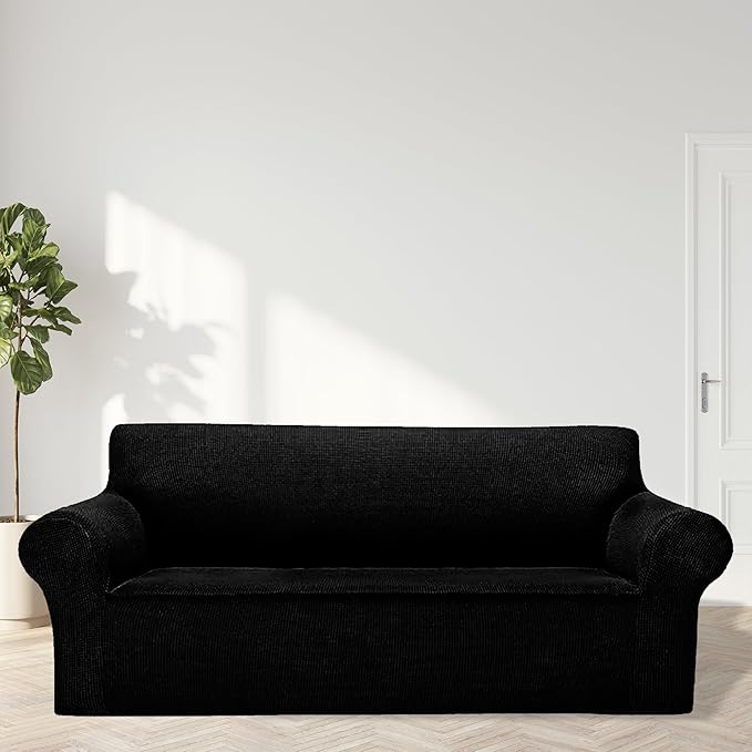 Cupuamon 2025 New Stretch Sofa Slipcovers Couch Cover for 3 Cushion Furniture Protector Sofa Covers with Elastic Bottom Jacquard Fabric Small Checks for Pets, Kids -Sofa, Black