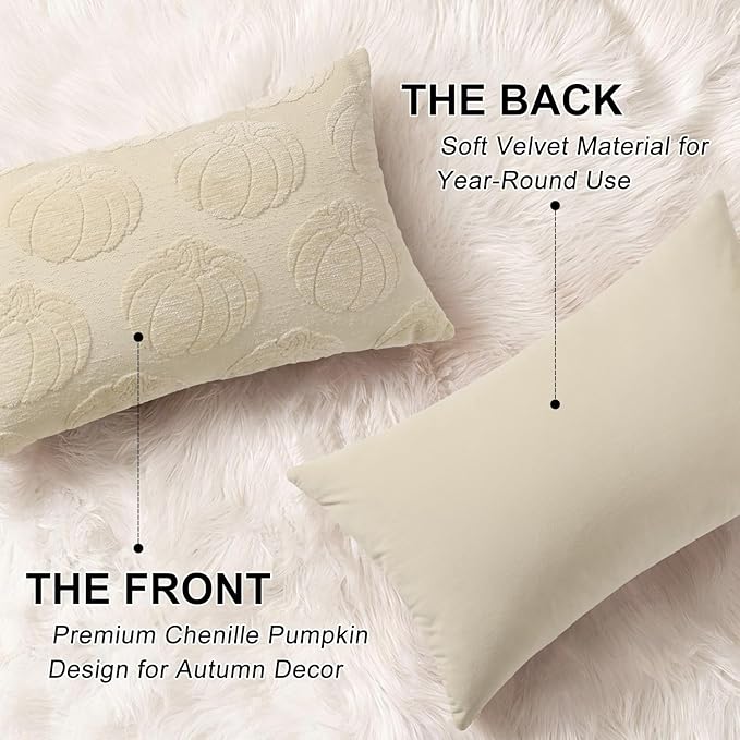 decorUhome Decorative Beige Pumpkin Thanksgiving Throw Pillow Covers 12x20 Set of 2, Soft Chenille Jacquard Farmhouse Textured Pillow Covers for Couch Bed Sofa Autumn Harvest Halloween Holiday