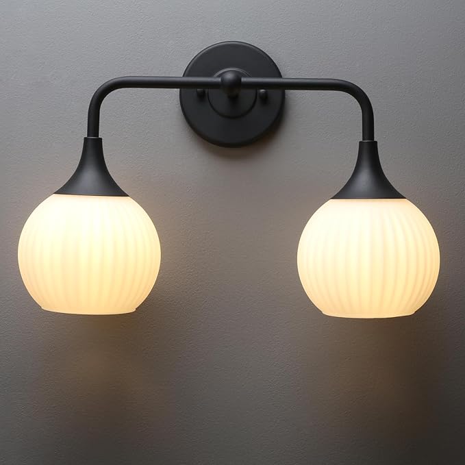 PERMO Double Sconce Black Vintage Vanity Light 2-Light Wall Sconces with White Ribbed Globe Glass Shade Hardwired Wall Light Fixture for Bathroom Mirror Cabinets Hallway Stairs