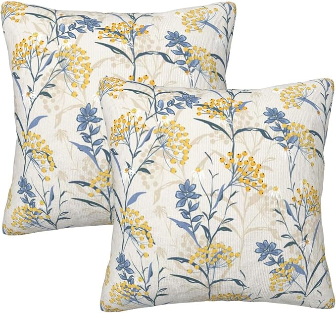 Spring Summer Seasonal Pillow Covers 18x18 Inch Set of 2 Watercolor Blue Yellow Flower Throw Pillow Cover Vintage Plant Floral Square Pillowcase Cushion Cases for Home Couch Bed Sofa