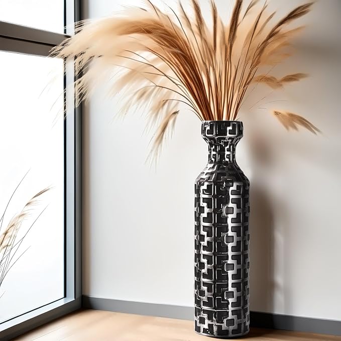 24.4 Inch Tall Floor Vase - Ceramics Black Vases with Silver Geometric Patterns, Large Cylinder Vases, Modern Home Decor for Living Room, Entryway, or Indoor Spaces