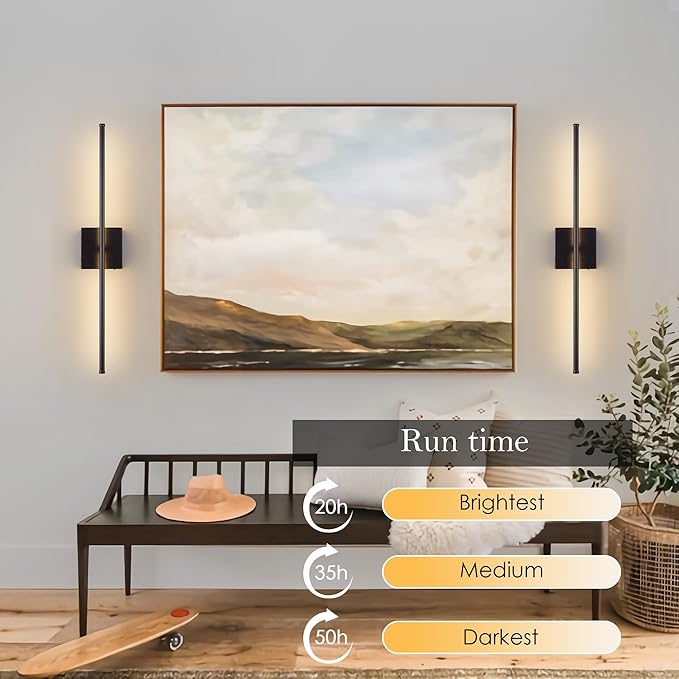 Battery Operated Wireless Wall Sconces Set of Two, with Remote, Dimmable, Warm White/Natural White/Daylight/RGB, 350°Rotate, LED Black Wireless Wall Light for Living Room, Bedroom, 24.4 Inch