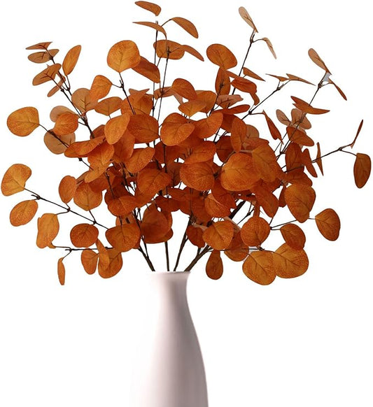 4PCS 24" Burnt Orange Fall Eucalyptus Stems Artificial Eucalyptus Leaves for Autumn Vase Decoration, Rustic Thanksgiving Centerpiece & Christmas Home Decor