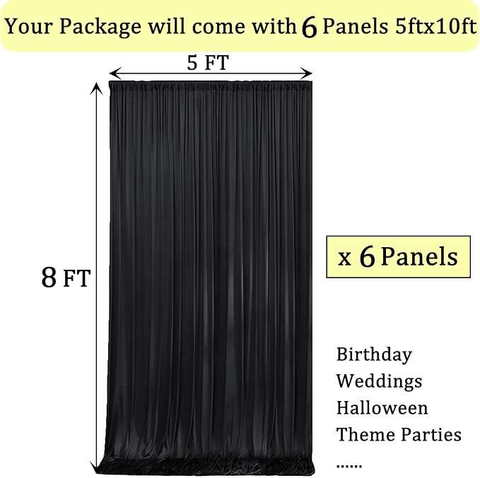 30ft x 8ft Wrinkle Free Black Backdrop Curtains for Parties, 6 Panels Thick Polyester Photo Backdrop Drapes for Weddings Birthday Photography Background Curtains
