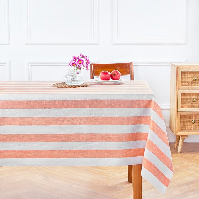Solino Home Linen Striped Tablecloth 60 x 120 Inch - 100% Pure Linen Salmon and White Table Cloth for Rectangle Tables - Cabana Stripe, Machine Washable Tablecloth