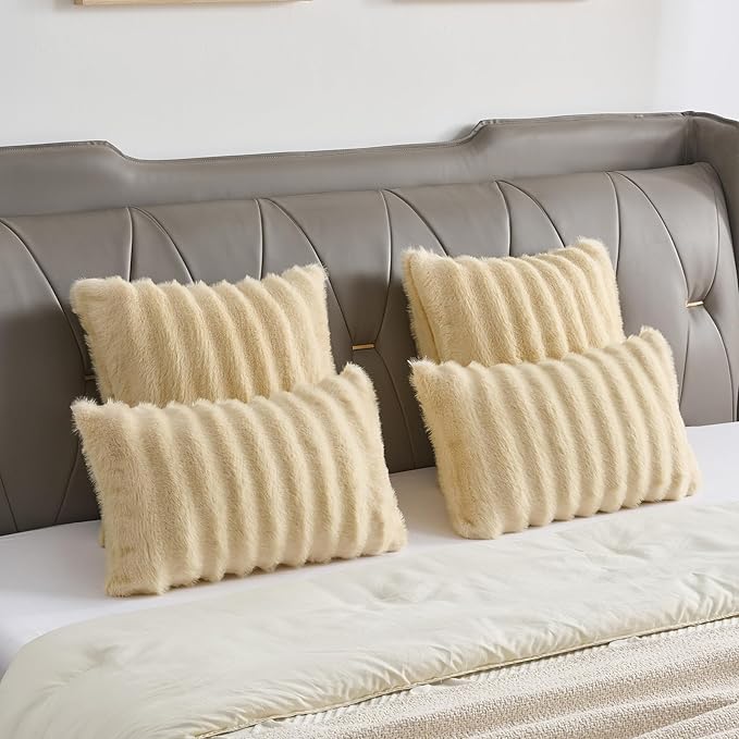 FUTEI Beige Decorative Throw Pillow Covers 18x18 Inch Set of 2,Soft Fluffy Faux Rabbit Fur Dyeing Striped Textured Cushion Case,Modern Home Decor for Couch Bed Living Room