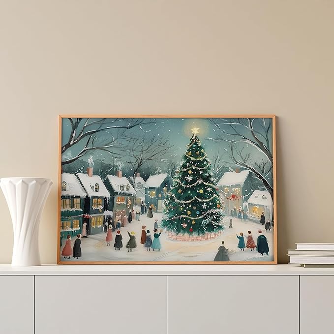 OZCONO Christmas Tree Village Art for Holiday Home Decor, Snowy Winter Town Scene Wall Art, Festive Christmas Gathering Artwork, Cozy Seasonal Winter Interior Decoration (Unframed) (9x11)