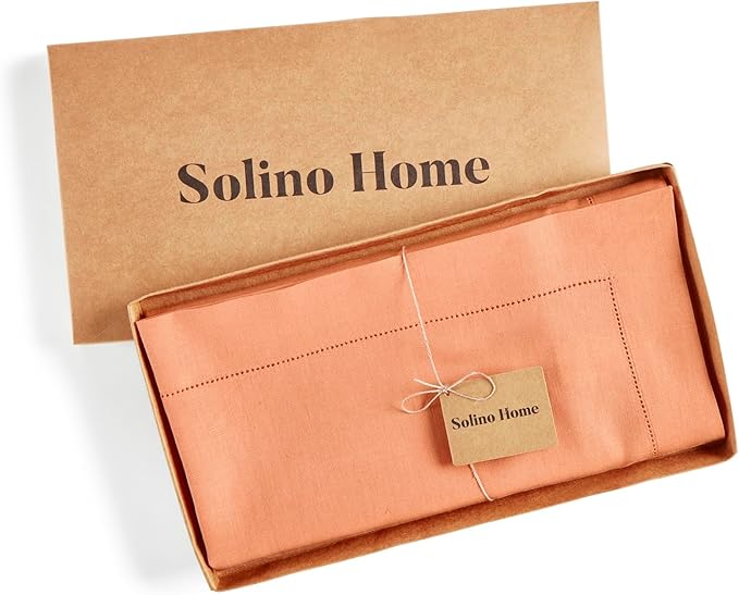 Solino Home Linen Tablecloth for Rectangle Tables 60 x 108 Inch - Classic Hemstitch 100% Pure Linen Coral Table Cloth - Machine Washable Cloth Tablecloth