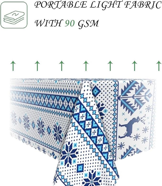 60x102 Inch Christmas Rectangle Tablecloth Winter Holiday Vintage Snowflake Blue White Table Cloth Washable Durable Table Cover for Kitchen Dining Banquet Ugly Christmas Sweater Party Decor