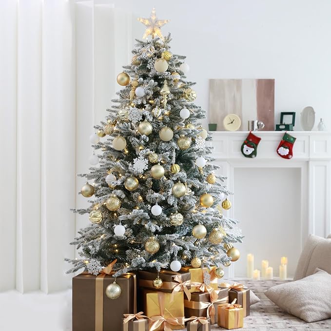 6ft Snow Flocked Prelit Christmas Tree Decorations with 200 Dual-Color LED Lights, Lighted Artificial White Xmas Tree for Indoor Decor,Mantel & Entryway with 1382 Tips, Metal Stand,Plug-in