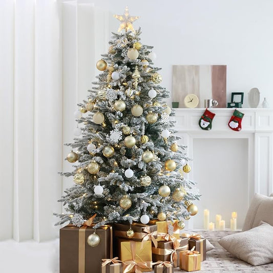 6ft Snow Flocked Prelit Christmas Tree Decorations with 200 Dual-Color LED Lights, Lighted Artificial White Xmas Tree for Indoor Decor,Mantel & Entryway with 1382 Tips, Metal Stand,Plug-in