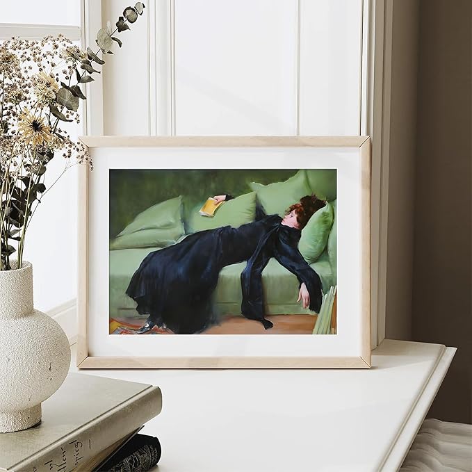 XOCUUI Vintage Moody Wall Art Poster, Roman Casas Young Woman On Green Sofa Canvas Wall Art, Antique Famous Victorian Female Oil Print Painting, Moody Wall Decor 8x10in Unframed
