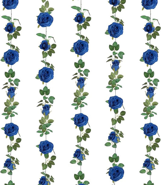 U'Artlines 5 Pack Artificial Royal Blue Rose Vines Floral Garlands Total 32.5 Ft Fake Vine Silk Flower Garland for Indoor Outdoor Home Wedding Arch Garden Wall Decoration