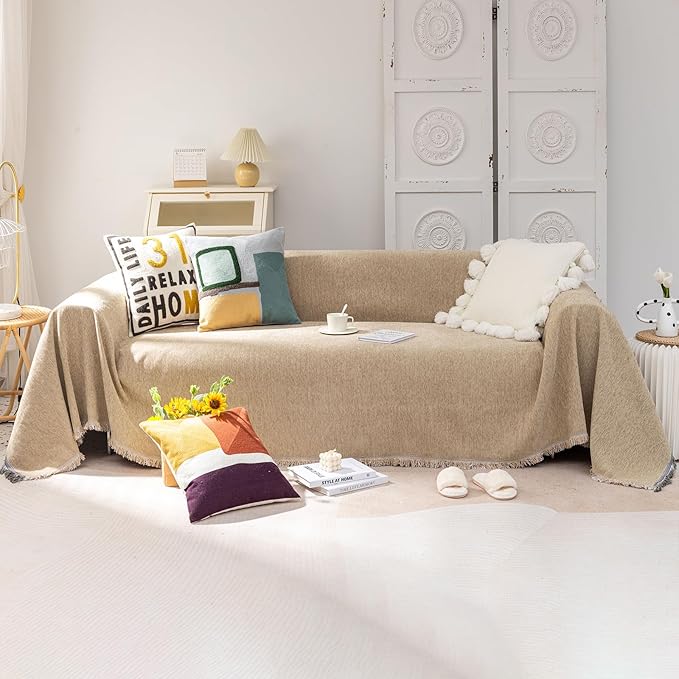 VClife Beige Couch Cover for Sofa 1 Piece Modern Minimalism Couch Cover for 3 Cushion Couch Sofa Slipcover Washable Soft Chenille Sofa Covers Furniture Protector for Bedroom Living Room 71''x150''