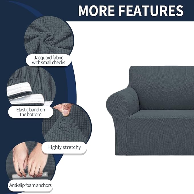 Cupuamon 2025 New Stretch Sofa Slipcovers Couch Cover for 3 Cushion Furniture Protector Sofa Covers with Elastic Bottom Jacquard Fabric Small Checks for Pets, Kids -Sofa, Grey
