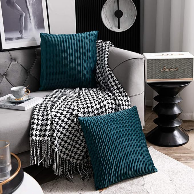 16x16 Teal Throw Pillow Cases: 2 Pack Original Striped Velvet Square Decorative Pillow Covers for Farmhouse Couch