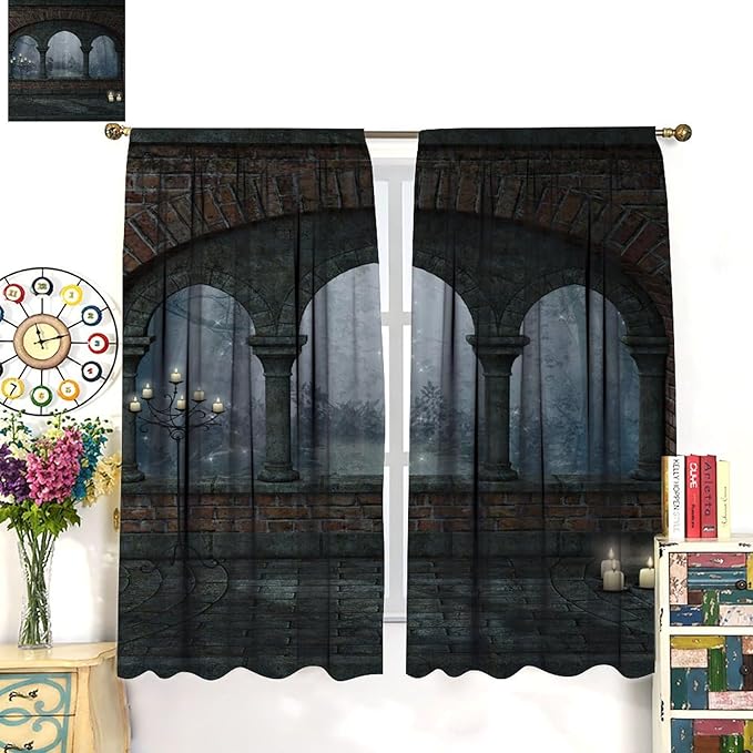 Gothic Mid Century Blackout Curtains, Vintage Medieval Night Old Arch Candles Window Drapes, for Living Room Bedroom 31.5(W)*63(L) 2 Panels