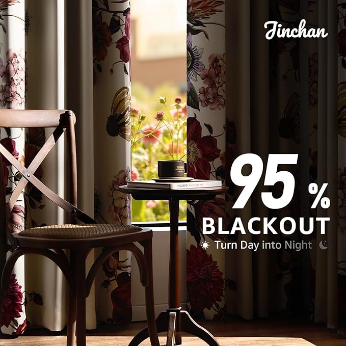 jinchan Hannah Floral Blackout Curtains with Retro Vintage Flower Print Drapes for Bedroom Living Room Fall Decor Winter Window Curtains Room Darkening 84 Inches Length 2 Panels with Grommet Eggshell