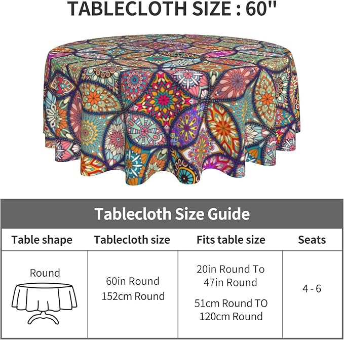 Mexican Ceramic Round Tablecloth, Colorful Talavera Tile Mandala Traditianal Boho Water Resisitant Wipeable Table Cover for Dining Kitchen Living Room Home Party Holiday Decor 60 inch Round