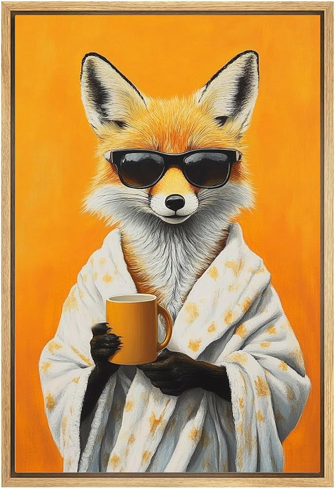 Funny Fox Canvas Wall Art Vintage Fox Bathrobe Posters Prints Animals Drinking Coffee Wall Art Portrait Painting Wildlife Pictures Wall Decor for Living Room 16x24inch Unframed