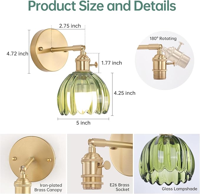 Vintage Battery Operated Wall Sconce with Cute Green Tulip Glass Lampshade Wireless Rechargeable Battery Powered Wall Light with Remote Control for Bedside Bedroom Doorway, Set of 2