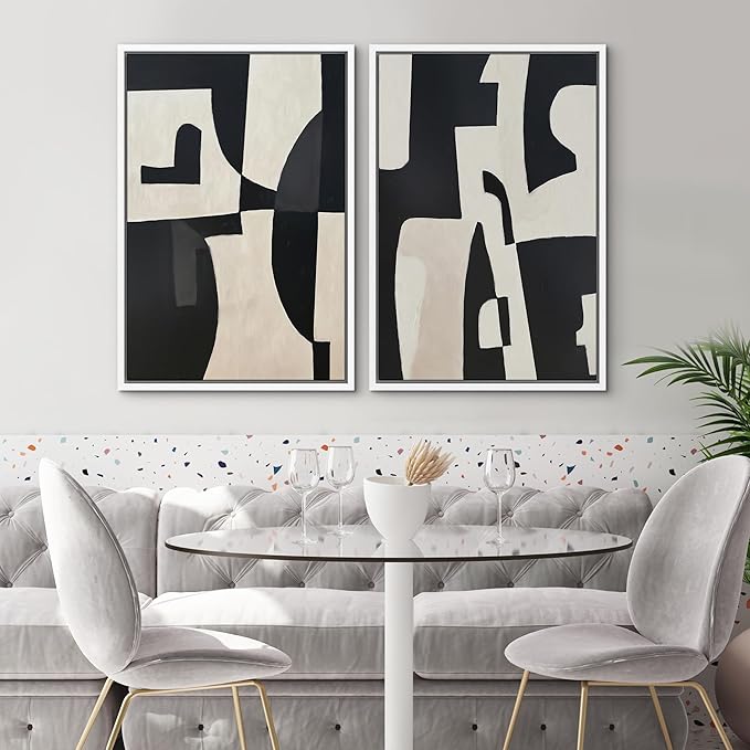 SIGNWIN Framed Canvas Print Wall Art Set Black and Beige Abstract Geometric Modern Bold Minimalist Illustrations Minimal Decorative Zen Bohemian for Living Room, Bedroom, Office - 16"x24"x2 White