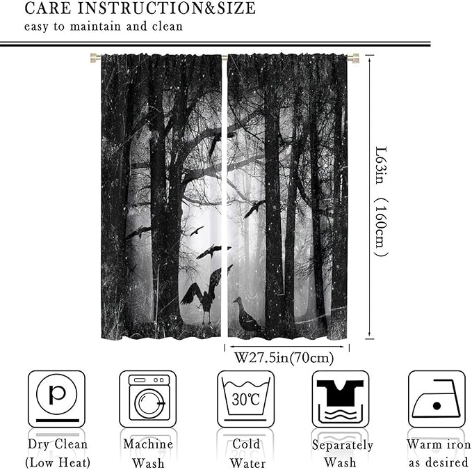 Gothic Forest Blackout Window Curtains, Halloween Style Foggy Forest Dead Trees Crow Print Curtains, for Bedroom Living Room 27.5(W)*63(L) 2 Panels