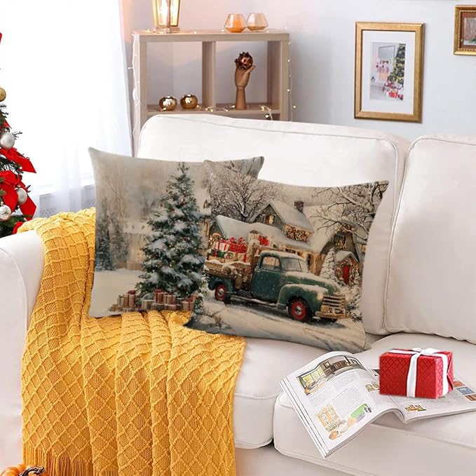 Neatee Living Christmas Pillow Covers 20x20 Set of 4 Farmhouse Xmas Vintage Throw Pillows Christmas Tree Deer Snowman Pillow Cases Outdoor Sofa Couch Cushion Covers for Home Decorations (20 by 20)