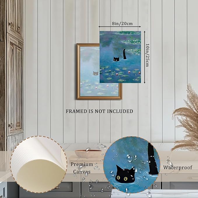 XOCUUI Cat Wall Art Monet Prints Vintage Canvas Wall Art Funny Cat in Water Lilies Posters for Room Bedroom Living Room Bathroom Wall Decor Aesthetic 11" x 14"