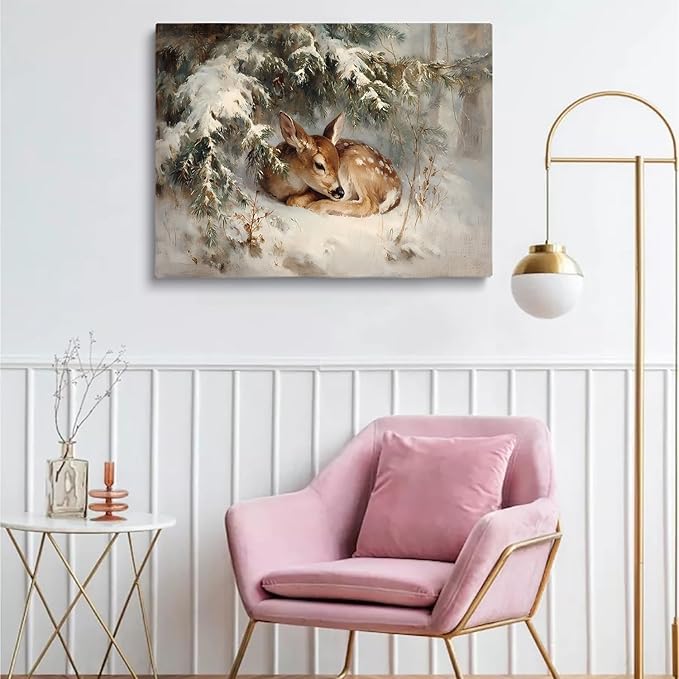 Winter Fawn Wall Art Prints,Woodland Christmas Decor,Rustic Farmhouse Print,Cozy Animal Painting,Snowy Forest Artwork,Christmas Snowy Deer Scenery