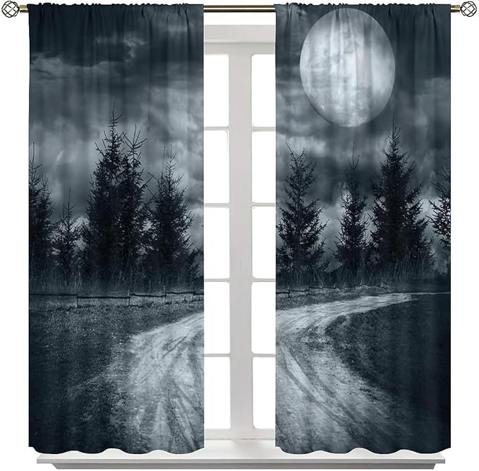 Gothic Horror Forest Blackout Curtains, Terrible Jungle Dark Fantasy Night Mysterious Rustic Tree Gothic Halloween Window Drapes, for Living Room Bedroom 31.5(W)*72(L) 2 Panels