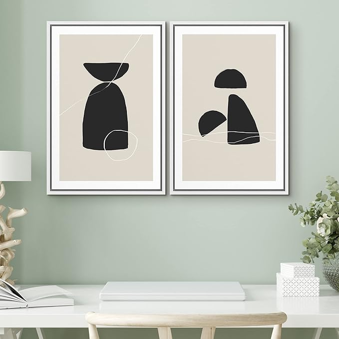 SIGNWIN Framed Canvas Print Wall Art Set Black Tan Mid-Century Figures Abstract Shapes Illustrations Modern Art Decorative Nordic Multicolor for Living Room, Bedroom, Office - 24"x36"x2 White