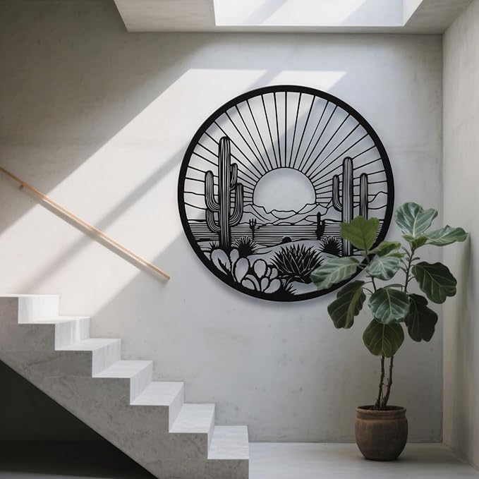 Desert Cactus Metal Wall Art, Round Desert Wall Decor with Cactus and Sunset Design, Metal Wall Art for Living Room Bedroom Entryway, Western Outdoor Cactus Decor (White, 30" x 30" / 76 x 76 cm)
