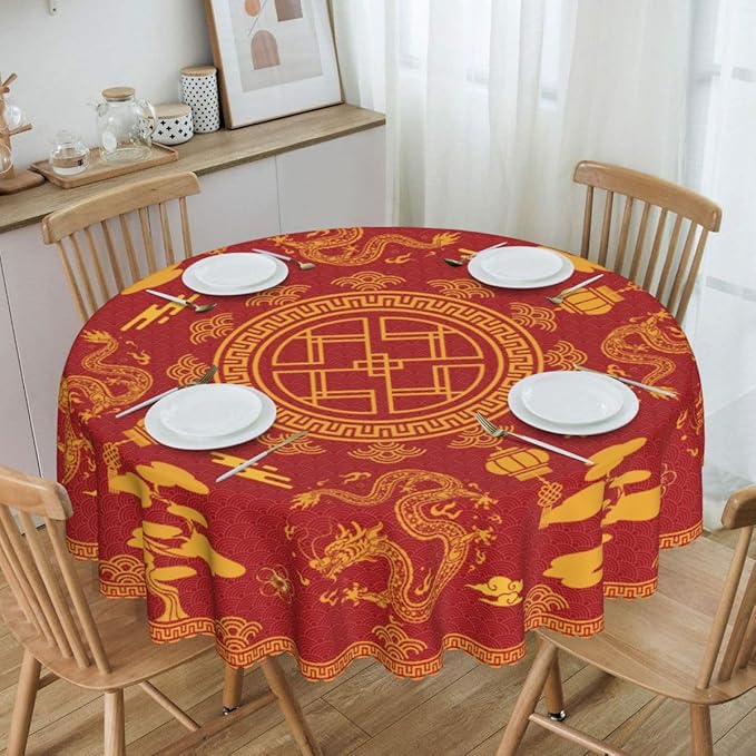 Chinese Tablecloth Round, Red Golden Traditional Zodiac Dragon Vintage Asian Style Oriental Water Resisitant Table Cover for Dining Kitchen Living Room Home Party Holiday Decor 36 inch Round