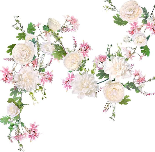 Peony Flower Garland, Artificial Flowers, 70in/180cm Length, Center Flower Decoration, Faux Flowers Garland for Wedding Decor Home Table Runner Mantle Party Decor (Champagne Peony Garland)