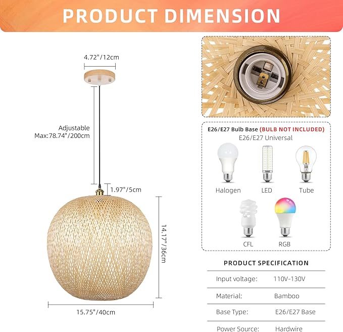 Arturesthome 15.7" Bamboo Pendant Lights, Round Wicker Chandelier, Hand-Woven Boho Basket Lampshade Hanging Ceiling Light for Kitchen Island Living Room