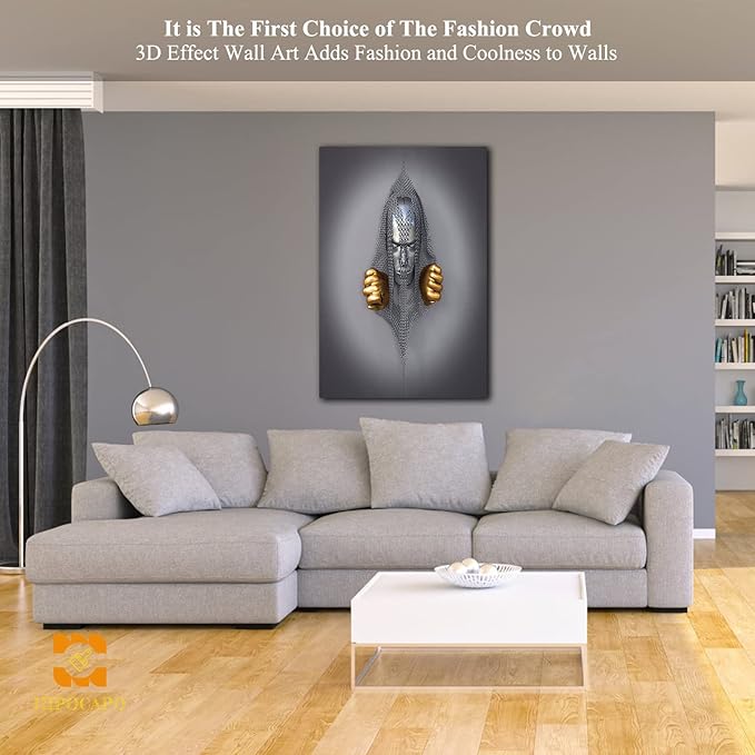 HIPOCAPO 3D Metal Effect Wall Art - Decor Artwork Silver Figure Statue Canvas Painting, Framed Gold for Living Room 24”x36”x1Pcs 3d Art-18