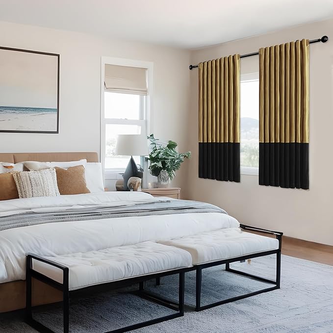 Velvet Curtains for Living Room Gold Black 72 inches Long,2 Panels Blackout Curtains Modern Color Block Back Tab Rod Pocket Soundproof Drapes for Bedroom Window Decor