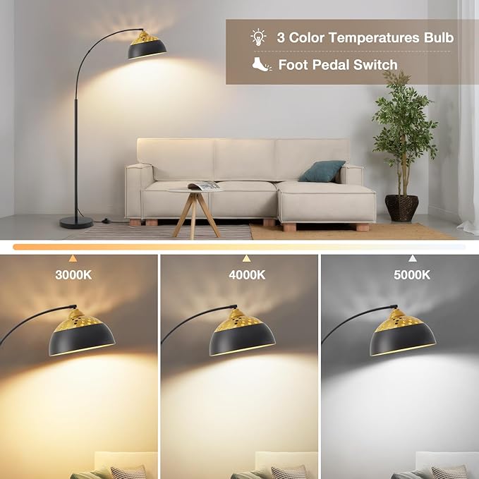 Luvkczc Arc Floor Lamps for Living Room, Black Standing Lamp with Adjustable Hanging Metal Hollow Shade, 71" Tall Pole Lamp with Foot Switch, Over Couch Arched Reading Light for Bedroom, Office