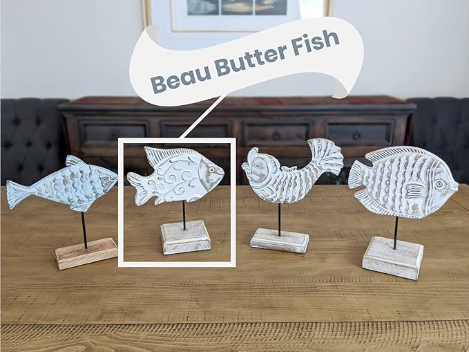 Beau Butter Fish Statue on Base Stand | Handmade Wooden Fish Sculpture for Nautical Beach House Rustic Centerpiece Table Decor for Office, Living Room