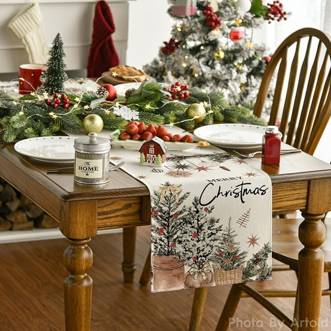 Artoid Mode Xmas Trees Holly Pine Cone Merry Christmas Table Runner, Seasonal Winter Kitchen Dining Table Decoration for Home Party Decor 13x60 Inch