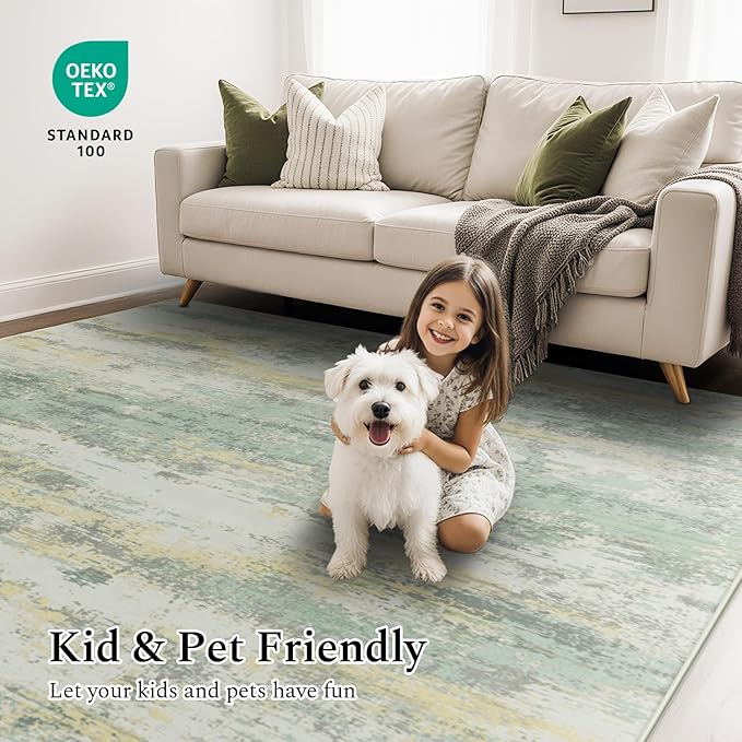 Rugflix 5x7 Area Rugs for Living Room, Washable Large Rug Stain-Resistant Low Pile, Modern Carpet for Dining Room Home Office Kid Room Nursery Bedroom, Light Green