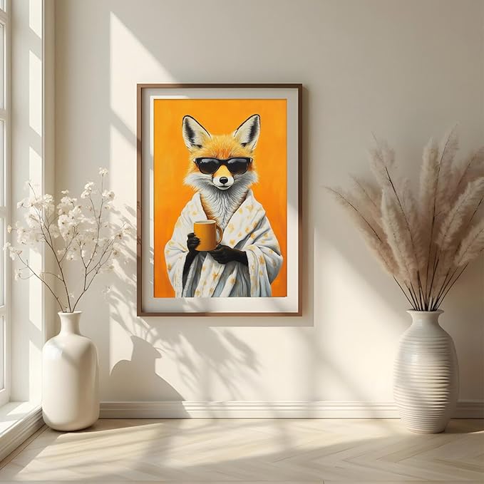 Funny Fox Canvas Wall Art Vintage Fox Bathrobe Posters Prints Animals Drinking Coffee Wall Art Portrait Painting Wildlife Pictures Wall Decor for Living Room 16x24inch Unframed