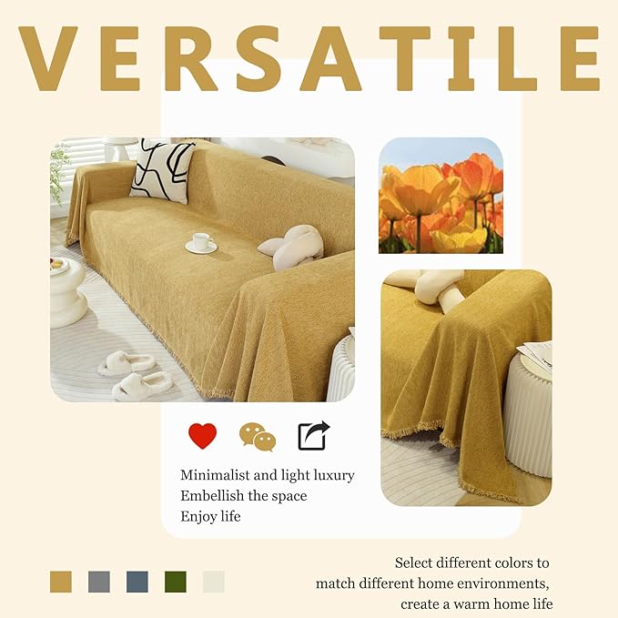 DREAMINGO Modern Minimalism Couch Cover Pets Loveseat Protector Mustard Yellow Chenille Sofa Covers for Sectional 3 Seat Couch Boho Herringbone Furniture Cover Throw Sofa Slipcover, 71"x118"