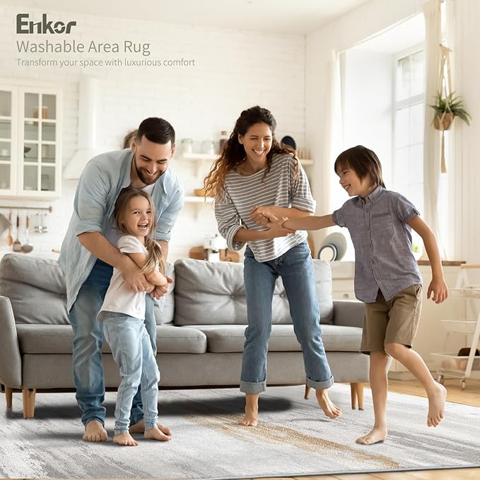 Enkor Runner Rugs for Hallway, 2x10 Washable Soft Non Slip Abstract Rugs for Kitchen, Modern Mat for Entryway Living Room Bedroom Brown & Grey